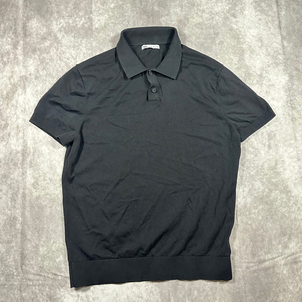 Zara Womens Medium M Black Knit Short Sleeve Polo Shirt Button Collar Ribbed